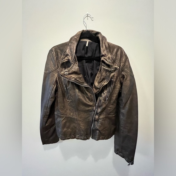 Free People Vegan Leather Bronze Metallic Biker Jacket - Picture 7 of 10